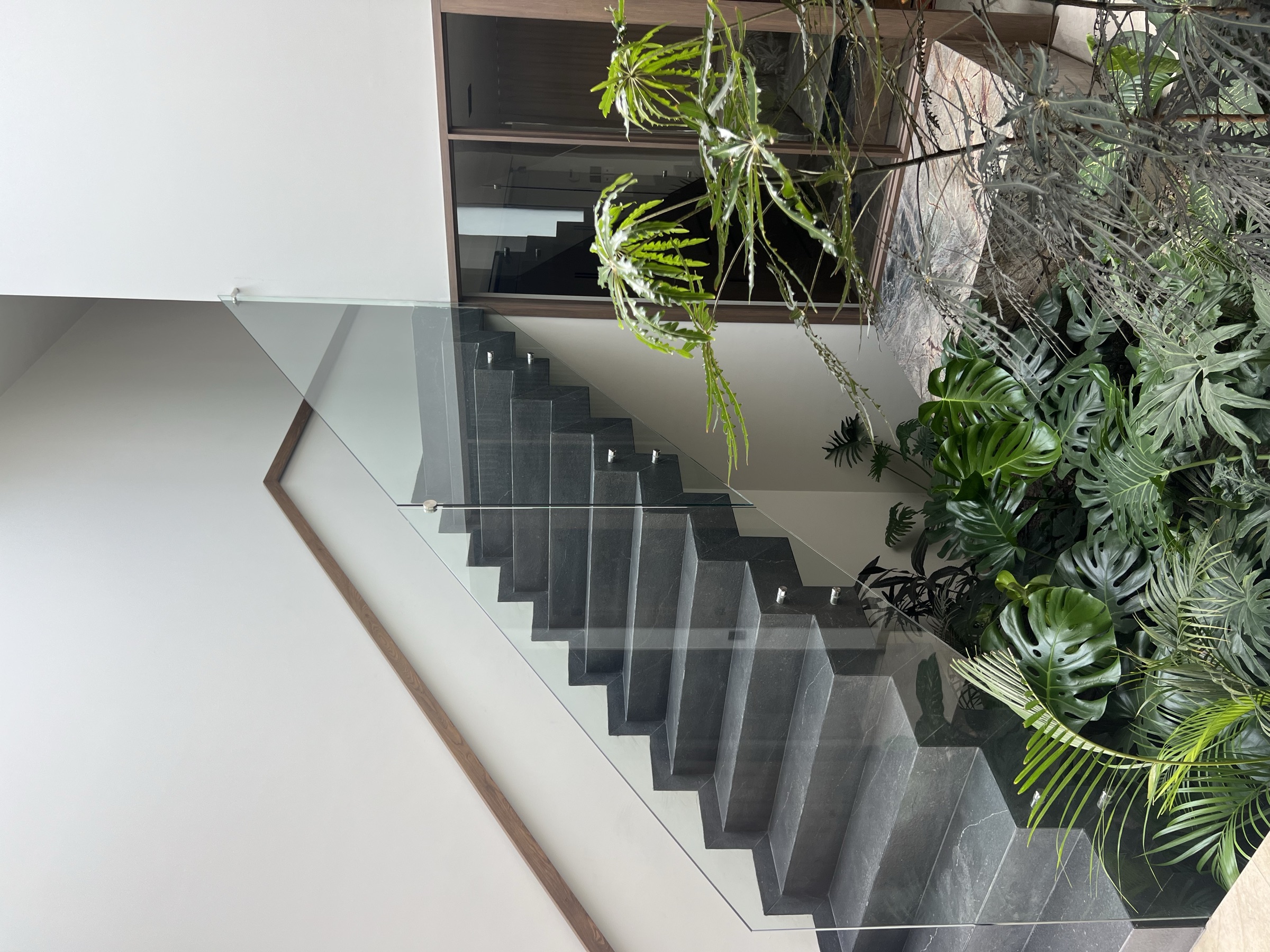 Casa Molino C4 — Escalera · barandal de cristal y jardín interior